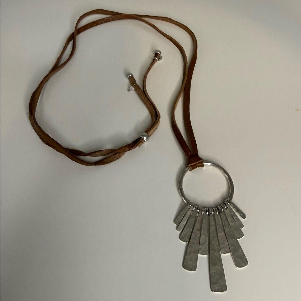 Lucky Brand Silver Pendant Necklace on Brown Leather Cord